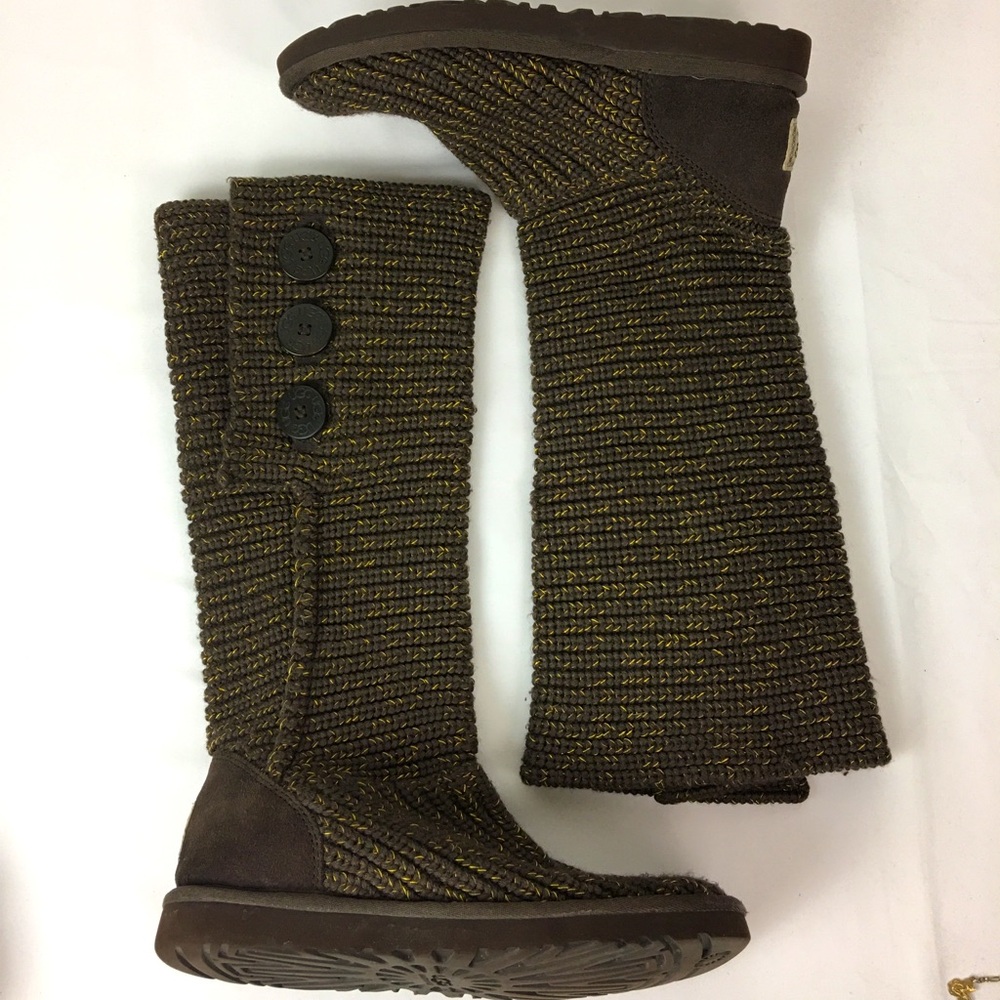 Ugg Classic Cardy Brown and Gold Knit Button Accent Tall Women's Boots Size 8